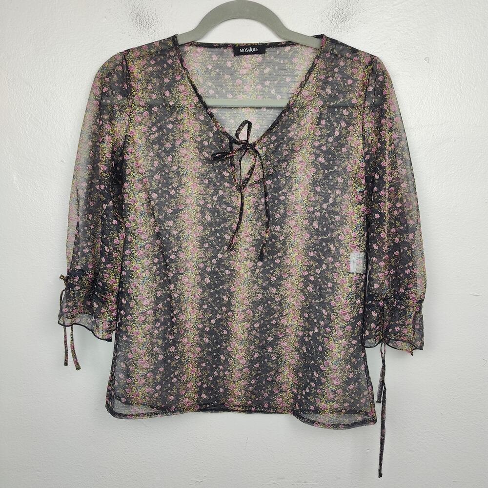 Mosaique Sheer Top Womens Large Black Floral Keyhole Japanese Designer Preppy‎